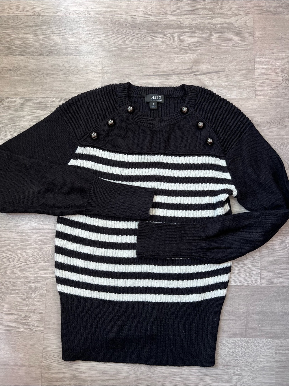 a.n.a Black and White Striped Crewneck Sweater with Shoulder Buttons